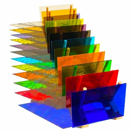Colorful transparent acrylic sheets arranged in a grid.