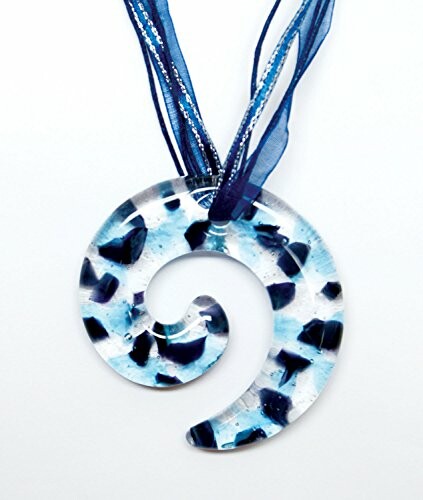 Glass spiral pendant with blue and black patterns on a ribbon necklace