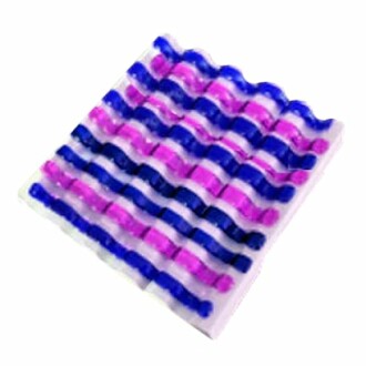A set of pink and blue curved hair rollers on a white background