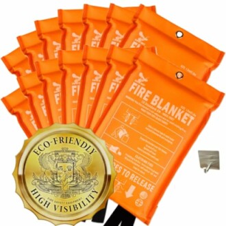 Stack of eco-friendly fire blankets with high visibility orange packaging.