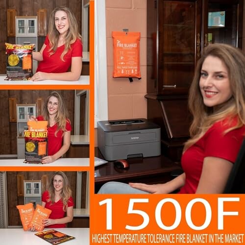 Woman promoting fire blanket with multiple product images and text indicating high temperature tolerance.