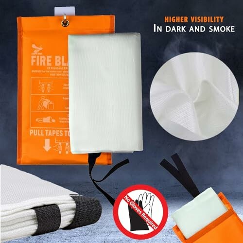 Fire blanket with storage pouch, higher visibility feature, and no gloves required label.