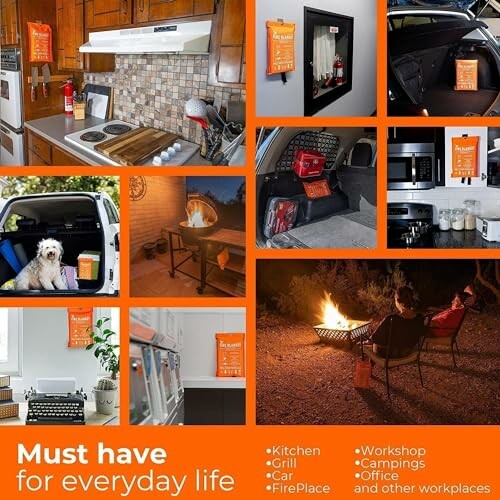 Collage of fire safety product used in various settings like kitchen, car, and camping.